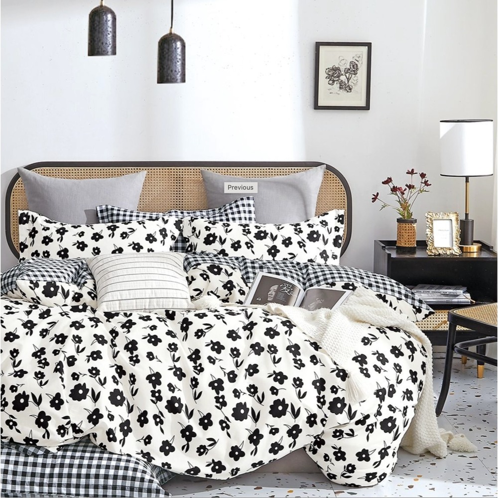 Hepburn Black/White Floral 100% Cotton Reversible Comforter Set Twin Farmhouse‎